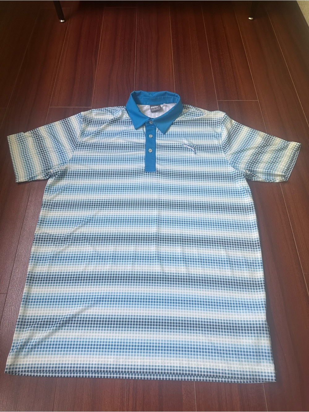Puma Men's Blue Striped Polo with Contrast Collar